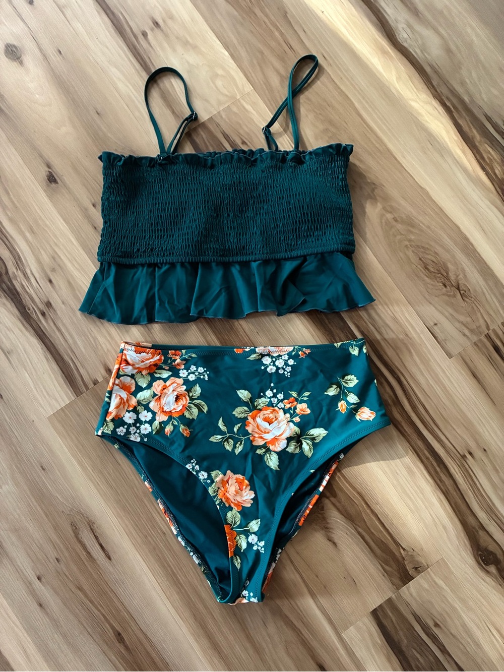 Teal Floral High-Waist Bikini Set